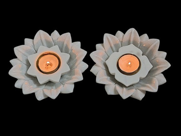 marble lotus urli with star diya/tea light holder for home décor, 2 sets